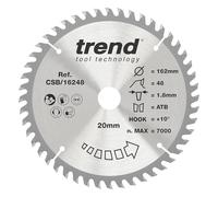 Trend Lame de Scie Circulaire sans Fil pour Bois, 162 mm de Diamètre, 20 mm d'Alésage, 48 Dents, TCT, 1,8 mm de Trait de Scie, +15° Crochet, CSB/16248