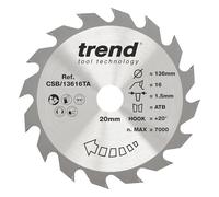 Trend Lame de Scie Circulaire Sans Fil pour Bois, Diamètre 136 mm, Alésage 20 mm, 16 Dents, Trait de Coupe 1,5 mm, Angle d'Attaque +20°, TCT, Finition Grossière, CSB/13616TA