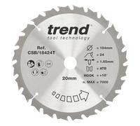 Trend Lame de Scie Circulaire Sans Fil pour Bois, Diamètre 184 mm, Alésage 20 mm, 24 Dents, Trait de Coupe 1,65 mm, Angle d'Attaque +18°, TCT, Finition Moyenne, CSB/18424T