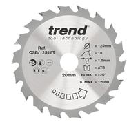 Trend Lame de scie circulaire sans fil Wood, diamètre 125 mm, alésage 20 mm, 18 dents, trait de scie 1,5 mm, crochet +20°, TCT, finition grossière, CSB/12518T