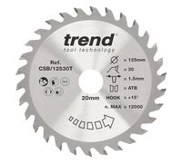 Trend Lame de scie circulaire sans fil Wood, diamètre 125 mm, alésage 20 mm, 30 dents, trait de scie 1,5 mm, crochet +15°, TCT, finition moyenne, CSB/12530T