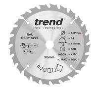 Trend Lame de scie circulaire sans fil Wood, diamètre 162 mm, alésage 20 mm, 24 dents, trait de scie 1,8 mm, crochet +15°, TCT, finition moyenne, CSB/16224