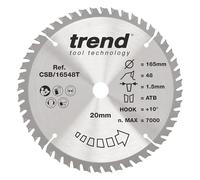 Trend Lame de scie circulaire sans fil Wood, diamètre 165 mm, alésage 20 mm, 48 dents, trait de scie 1,5 mm, crochet +10°, TCT, finition fine, CSB/16548T