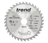 Trend Lame de Scie Circulaire Sans Fil Wood, Diamètre 190 mm, Alésage 30 mm, 36 Dents, Trait de Coupe 1,6 mm, Angle d'Attaque +25°, TCT, Finition Fine, CSB/19036TC