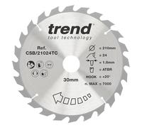 Trend Lame de Scie Circulaire Sans Fil Wood, Diamètre 210 mm, Alésage 30 mm, 24 Dents, Trait de Coupe 1,8 mm, Angle d'Attaque +20°, TCT, Finition Grossière, CSB/21024TC