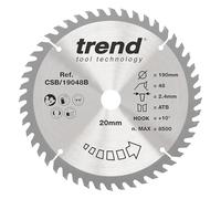 Trend Lame de scie circulaire Wood, diamètre 190 mm, alésage 20 mm, 48 dents, trait de scie 2,4 mm, crochet +10°, TCT, finition fine, CSB/19048B