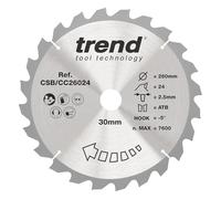Trend Lame scie à onglet bois 260 mm, 24 dents TCT, alésage 30 mm | Coupe le bois en travers sur scies à onglet, 24 dents TCT, trait 2,5 mm et angle d’attaque -5° CSB/CC26024