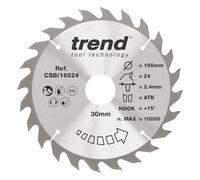 Trend Lame scie circulaire 165 mm, 24 dents TCT, 30 mm alésage +15° crochet | Coupe précise du bois avec lame TCT 24 dents, trait de 2,4 mm et crochet +15° pour finitions moyennes CSB/16524