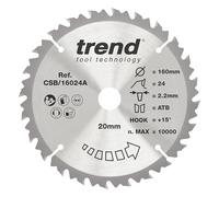 Trend Lame scie circulaire bois 160 mm, alésage 20 mm, 24 dents TCT, moy. | Coupe le bois avec une finition moyenne, 24 dents TCT, largeur 2,2 mm et angle +15°, CSB/16024A