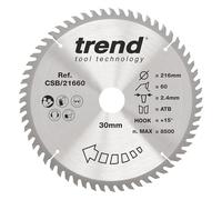 Trend Lame de scie circulaire Wood, diamètre 216 mm, alésage 30 mm, 60 dents, trait de scie 2,4 mm, crochet +15°, TCT, finition extra fine, CSB/21660