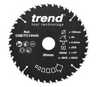 Trend Lame scie circulaire PTFE Wood 190 mm, alésage 30 mm, 40 dents TCT | Réalise des coupes nettes et précises dans le bois, avec revêtement PTFE, trait 2,6 mm et +15° d’attaque CSB/TC19040