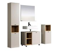 Salle de bain complète - Coloris Cachemire - L180 x H186 x P42 cm - Colonne + Miroir + Meuble sous vasque + rangement bas- SAO PAULO