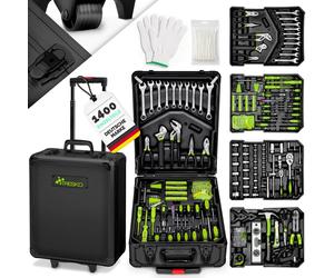 TRESKO 1400 pièces - Mallette à outils verte - Boîte à outils - Set de mallettes à outils sur roulettes
