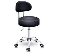 TRESKO® Tabouret à roulettes avec dossier noir - Hauteur réglable de 46 à 58 cm - Tabouret pivotant avec roulettes - Chaise de bureau pivotante - Tabouret cosmétique
