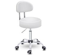 TRESKO® Tabouret de travail Blanc à Roulettes avec Dossier - Réglable 46-58 cm, Pivotant 360°, Similicuir, Bureau & Cosmétique