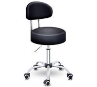 TRESKO® Tabouret de travail Noir à Roulettes avec Dossier - Réglable 46-58 cm, Pivotant 360°, Similicuir, Bureau & Cosmétique