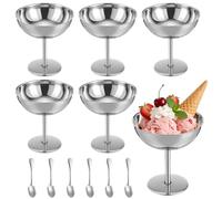 Tressify 6 coupes à glace en acier inoxydable avec cuillères, coupe dessert sur pied de 6,8 fl oz, coupe sorbet métallique argentée pour fêtes, banquets, réunions de famille, restaurants