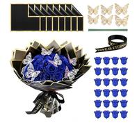 Tressify Strauß aus 24 glitzernden blauen Rosen, DIY-Kunstrosen-Set mit Band und Geschenkpapier, Kunststoffblumen mit 3D-Schmetterlingen, für Valentinstag, Weihnachten und Heimdekoration