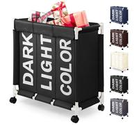 Tri de linge sur roulettes, 90 litres, 3 compartiments, en tissu Oxford avec couvercle, couleur noire