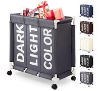 Tri de linge sur roulettes, 90 litres, 3 compartiments, en tissu Oxford gris, avec couvercle