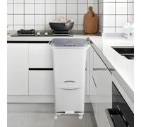 Tri sélectif pour la cuisine Ikodm, 42 litres, 3 compartiments, avec bac supérieur double, bac inférieur séparé, 2 couvercles à pression, pédale et roulettes, blanc