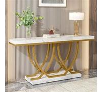 Tribesigns 150 cm Table Console derrière en Faux Marbre, Cadre en Métal Doré Blanc G