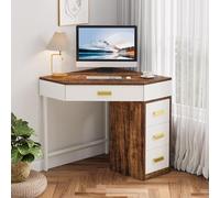 Tribesigns Bureau d'angle avec 4 Tiroirs, Petit Bureau Informatique avec Rangement, Bureau d'Ordinateur Gain de Place pour Télétravail, Chambre, Salon, Bureau ou Coiffeuse, Marron/Blanc