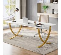 Tribesigns Bureau d'ordinateur, 160 cm Table de Bureau Informatique Table d'Étude Moderne PC Table de Travail Table de Salle à Manger avec Jambes d'or pour Bureau à Domicile, Blanc & Or