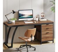 Tribesigns Bureau d'ordinateur avec 3 tiroirs 150 cm avec tiroirs réversibles - Bureau Industriel avec Plateau de Rangement (Noyer)