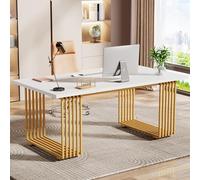 Tribesigns Bureau Moderne de 180 x 79 x78 cm, Bureau de Simple avec Pieds en métal doré, Grand Meuble d'affaires, Petite Table de conférence pour Salle de (Blanc & Or)