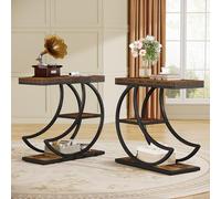 Tribesigns Lot de 2 tables d'appoint à 3 niveaux, tables d'appoint industrielles avec 3 étagères - Table basse avec cadre en métal en forme de demi-lune pour salon, chambre à coucher, marron rustique