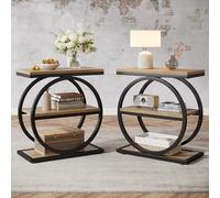 Tribesigns Lot de 2 tables d'appoint avec 3 étagères de rangement, table de canapé industrielle avec cadre rond en métal pour salon, table de chevet en bois d'ingénierie pour chambre à coucher, chêne