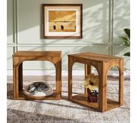 Tribesigns Lot de 2 tables d'appoint en bois massif à 2 étages avec design en arc, style maison de campagne pour salon et chambre à coucher, marron rustique, compactes, montage facile