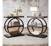 Tribesigns Lot de 2 tables d'appoint étroites avec 3 étagères de rangement, table d'appoint en bois avec cadre en métal, petite table d'appoint de canapé pour salon, table de nuit grise et table de