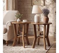 Tribesigns Lot de 2 tables d'appoint rondes avec étagère - 48 cm - En bois - Table de chevet à 2 niveaux - Style maison de campagne vintage - Petite table d'appoint pour salon, chambre à coucher