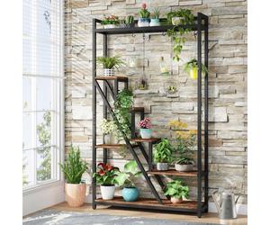 Tribesigns Porte-fleurs, 7 niveaux de grande étagère pour plantes avec 5 crochets en S, 180cm de haut Porte-plantes Porte-fleurs industriel en bois pour l'intérieur