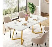 Tribesigns Table à manger dorée moderne 140 x 80 cm blanc avec pieds en métal doré, marbre artificiel, petite table de cuisine pour 4 à 6 personnes, table à manger rectangulaire pour appartement Blanc