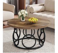 Tribesigns Table Basse Ronde 2 Niveaux, Table de Salon Bois 80 cm, Structure en Métal, Industriel Style, Grain de Bois et Noir