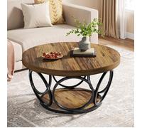 Tribesigns Table Basse Ronde 2 Niveaux, Table de Salon Bois 80 cm, Structure en métal, Industriel Style, Marron Rustique