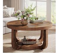 Tribesigns Table Basse Ronde,80×80×41 cm,Table d'Appoint à 2 Niveaux avec Rangement et Piètement épais Pour Salon,Marron Rustique