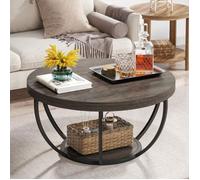 Tribesigns Table Basse Ronde,80×80×45 cm,Table de Cocktail à 2 Niveaux avec étagères,Industrielle,Gris Rustique
