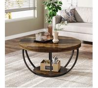 Tribesigns Table Basse Ronde,80×80×45 cm,Table de Cocktail à 2 Niveaux avec étagères,Industrielle,Marron Rustique