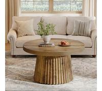 Tribesigns Table Basse Ronde, 80 cm, Table Centrale Circulaire Moderne avec Base en Tambour cannelé et Finition Grain de Bois, Table de Cocktail d'appoint Minimaliste pour Salon, Appartement (Marron)