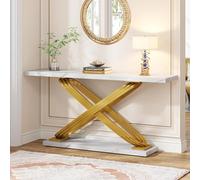 Tribesigns Table Console d'entrée, 140 x 33 x 80 cm Moderne Style, Table d'entrée avec Pieds Métalliques Géométriques pour Le Salon (Blanc et Doré)