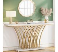 Tribesigns Table Console dorée Moderne, avec Pied en métal en Forme de Grille pour entrée, Couloir, entrée, Salon, Blanc, 150 x 29,5 x 80 cm Blanc G