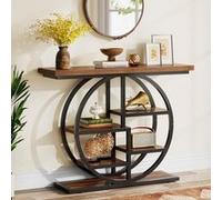 Tribesigns Table console industrielle à 6 niveaux avec base circulaire - Table d'appoint étroite en bois avec étagères de rangement pour salon, couloir, foyer - Marron rustique - 105 cm Blanc G