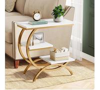 Tribesigns Table d'Appoint à 3 Niveaux,60×30×65 cm,Table Basse en Forme de C avec Rangement Pour Chambre,Salon,Blanc et Or
