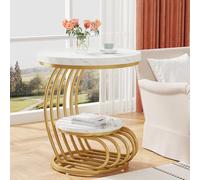 Tribesigns Table d'appoint en marbre Artificiel à 2 étages, Table d'appoint avec étagère de Rangement, Table de Chevet Moderne en Or Blanc avec Cadre en Forme d'arc en métal pour Salon (1PC)