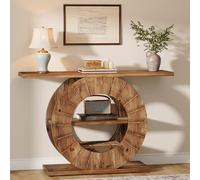 TRIBEWOOD Table console en bois massif avec espace de rangement, 75 x 24 x 75 cm, table basse maison de campagne avec base circulaire sculptée, table de couloir étroite pour salon, couloir, couloir