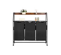 VEVOR Trieur de Linge 2 Niveaux, Panier à Linge sur Roulettes 3 Compartiments, avec Cadre en Métal, Plateau en Bois, Étagère et Sacs en Tissu Oxford 600D, pour Vêtements Sales, Buanderie Blanchisserie